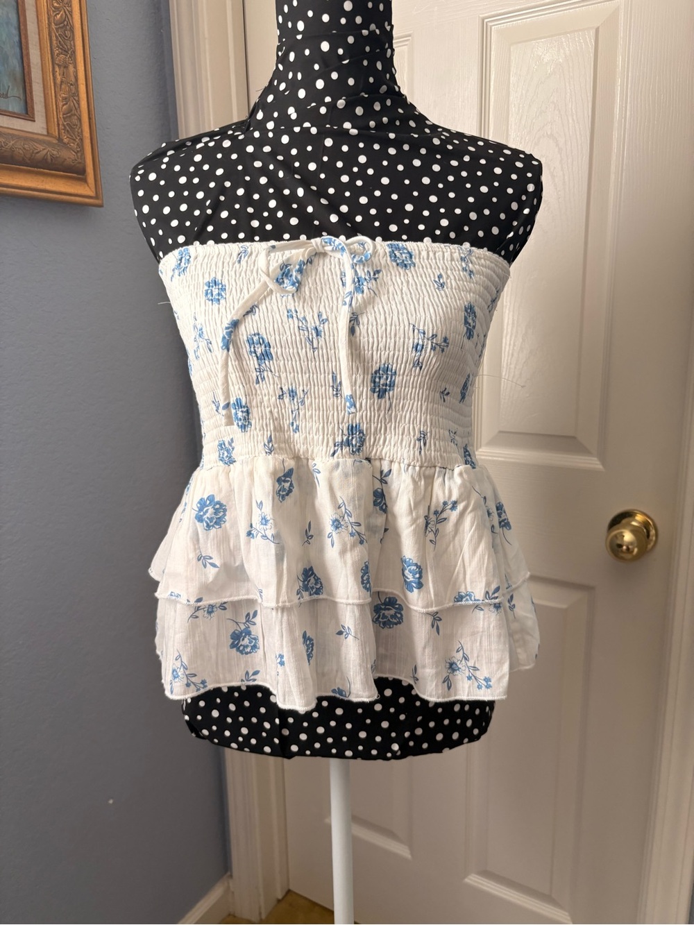 White and Blue Floral Smocked Strapless Crop Top